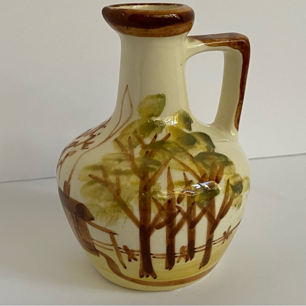 Vintage Vermont Maple Syrup Jug Hand Painted Pottery Pitcher VT 5” Brown beige